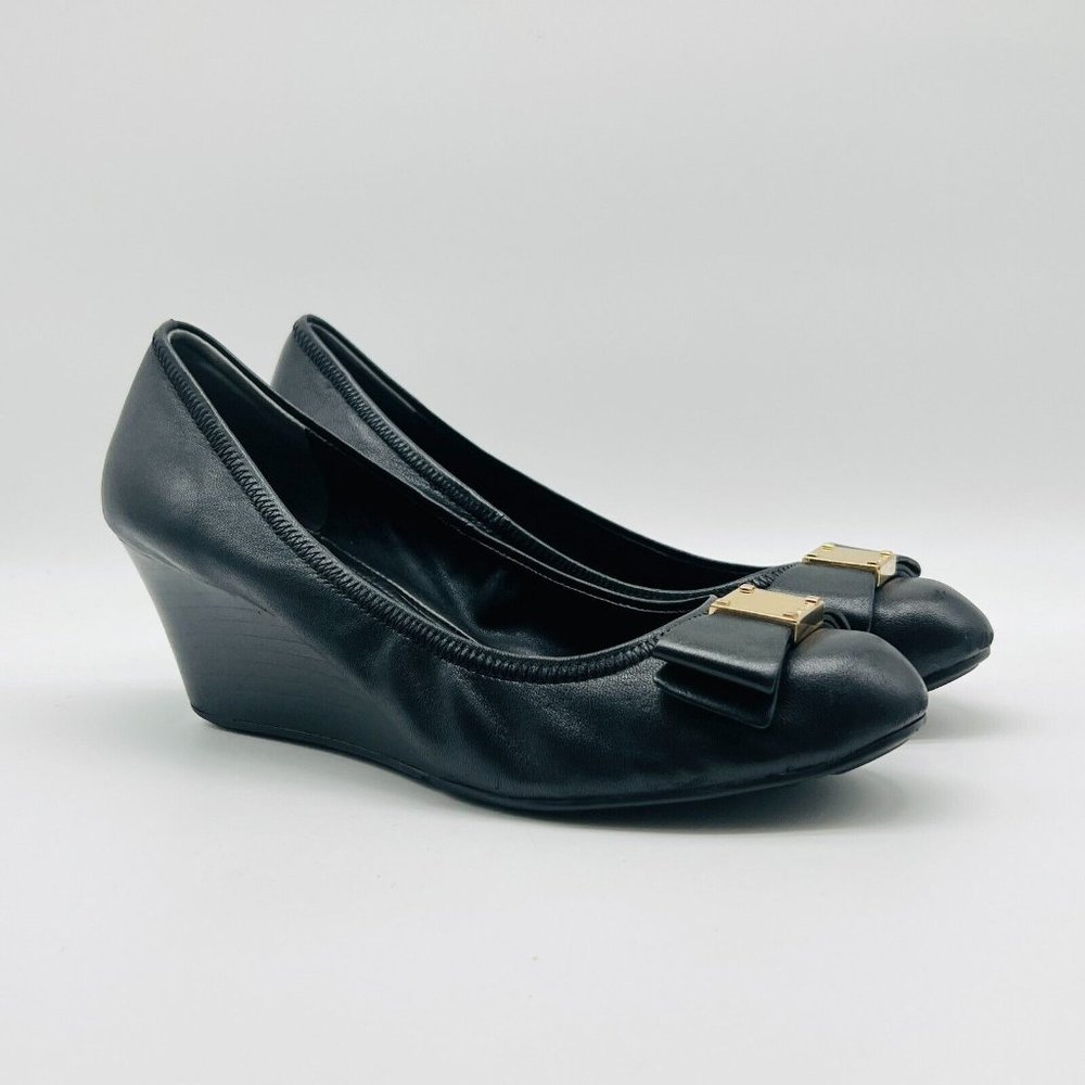 Cole Haan Shoes Womens 9 Black Leather Bow Pump Emory Wooden Wedge Shoes